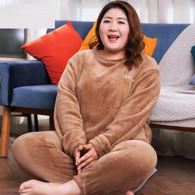 Winter Coral Fleece Pajama Set – Thick Long Sleeve Top & Elastic Waist Trousers, Warm Large Size Sleepwear