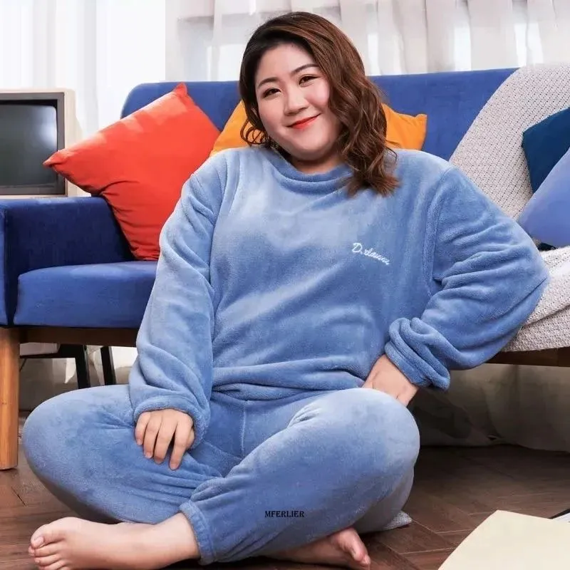 Winter Coral Fleece Pajama Set – Thick Long Sleeve Top & Elastic Waist Trousers, Warm Large Size Sleepwear