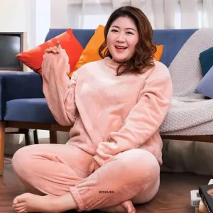 Winter Coral Fleece Pajama Set – Thick Long Sleeve Top & Elastic Waist Trousers, Warm Large Size Sleepwear