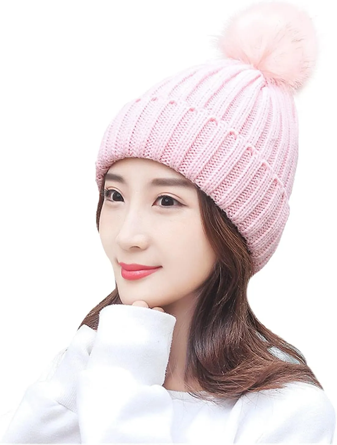 Winter eanie Hats for Women Soft Ski Cuff Cap with om om Fleece Thick Knitted kull Cap