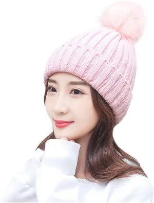 Winter eanie Hats for Women Soft Ski Cuff Cap with om om Fleece Thick Knitted kull Cap