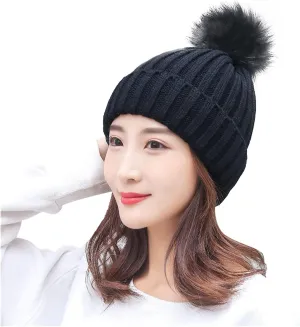 Winter eanie Hats for Women Soft Ski Cuff Cap with om om Fleece Thick Knitted kull Cap