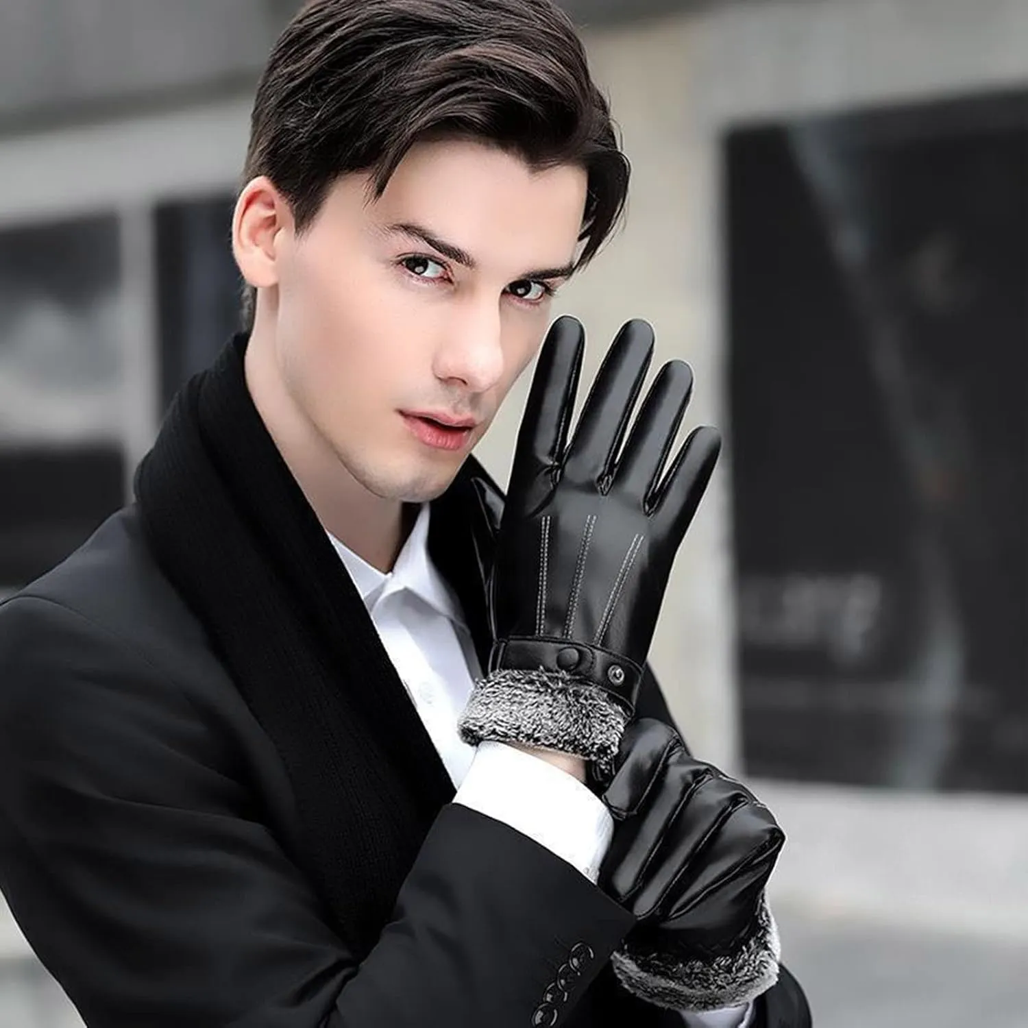 Winter Luxurious PU Leather Work Gloves, Stretchable Wrist Rigger Glove for Men Windproof Warm Suede Driving Gloves