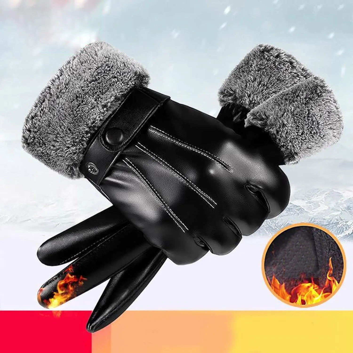 Winter Luxurious PU Leather Work Gloves, Stretchable Wrist Rigger Glove for Men Windproof Warm Suede Driving Gloves