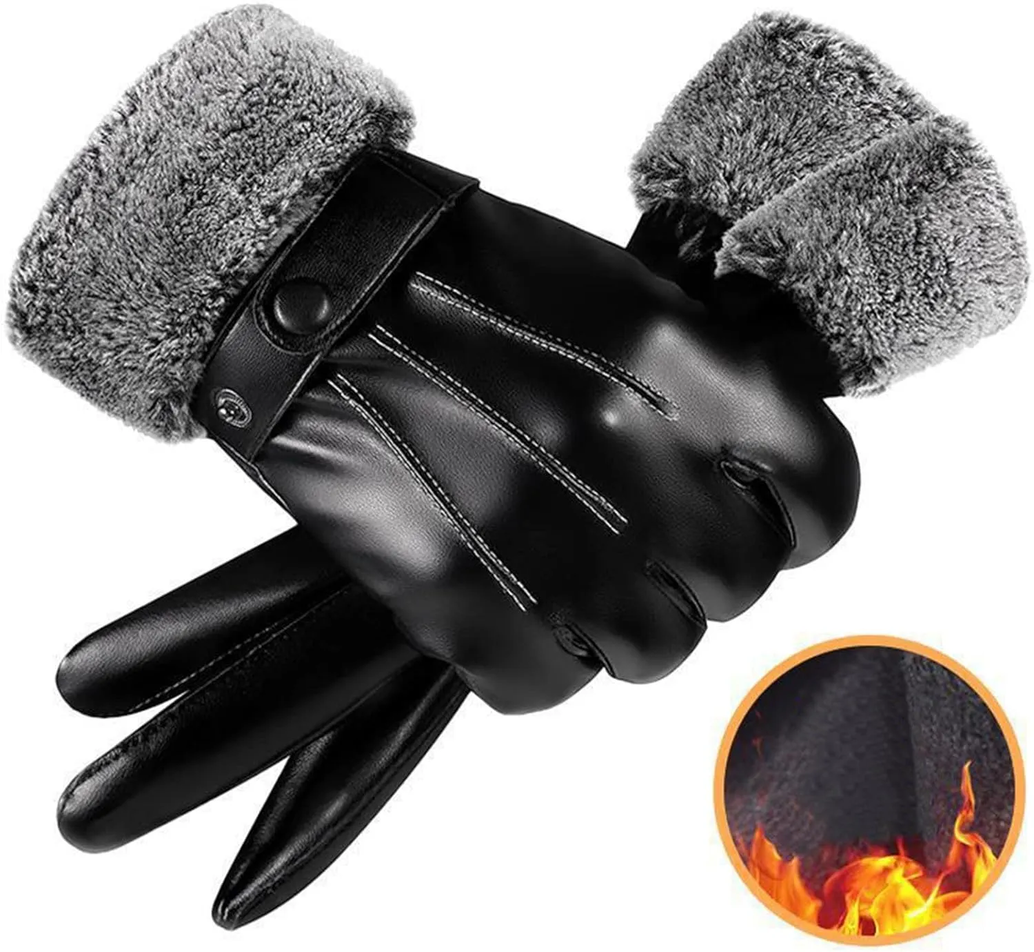Winter Luxurious PU Leather Work Gloves, Stretchable Wrist Rigger Glove for Men Windproof Warm Suede Driving Gloves