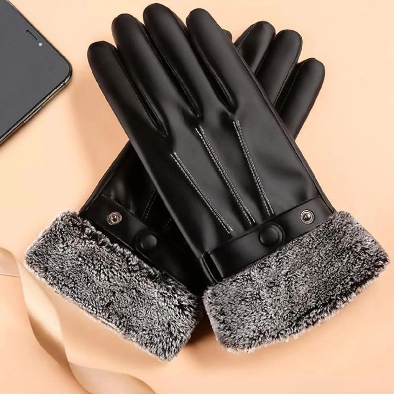 Winter Luxurious PU Leather Work Gloves, Stretchable Wrist Rigger Glove for Men Windproof Warm Suede Driving Gloves
