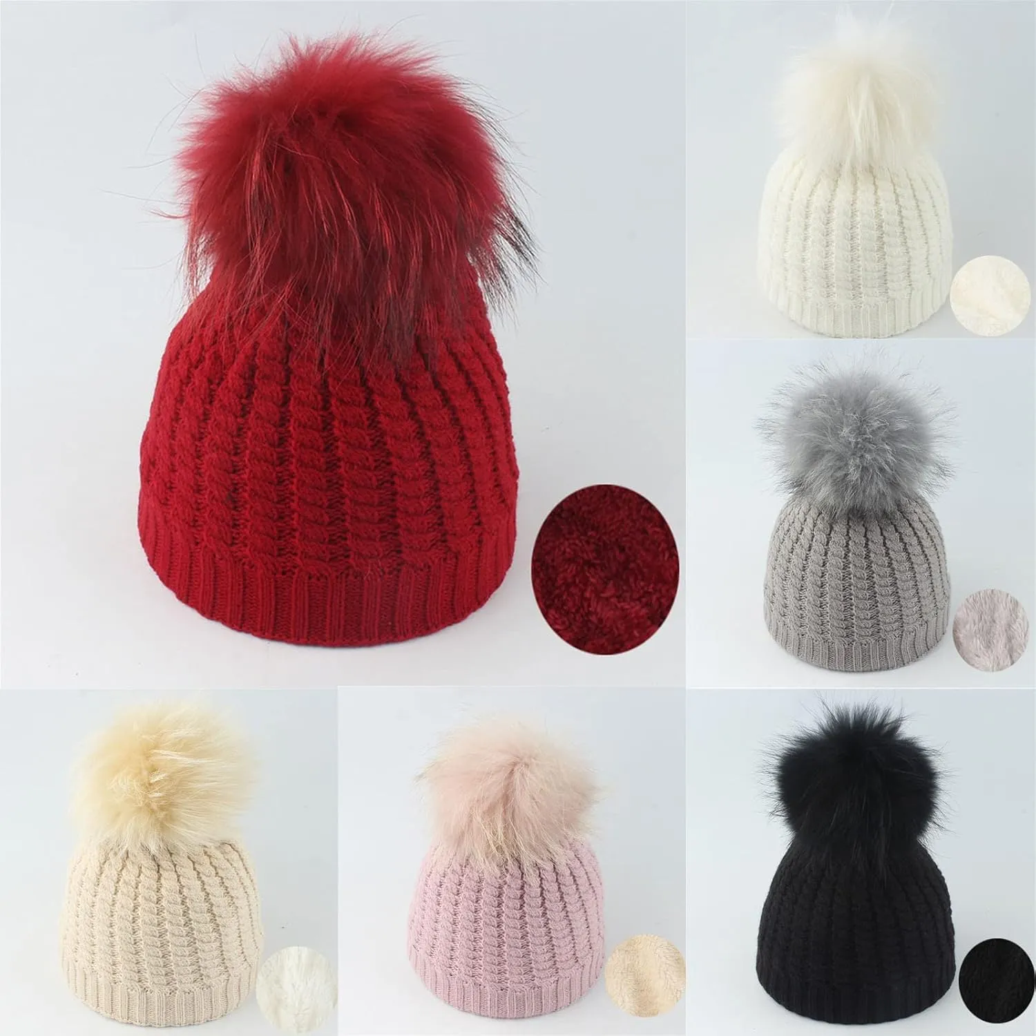 Winter Women Beanie Hat Cotton Lined Knit Fur Pom Skull Beanie Hat Snow Cuff Beanie Ski Cap