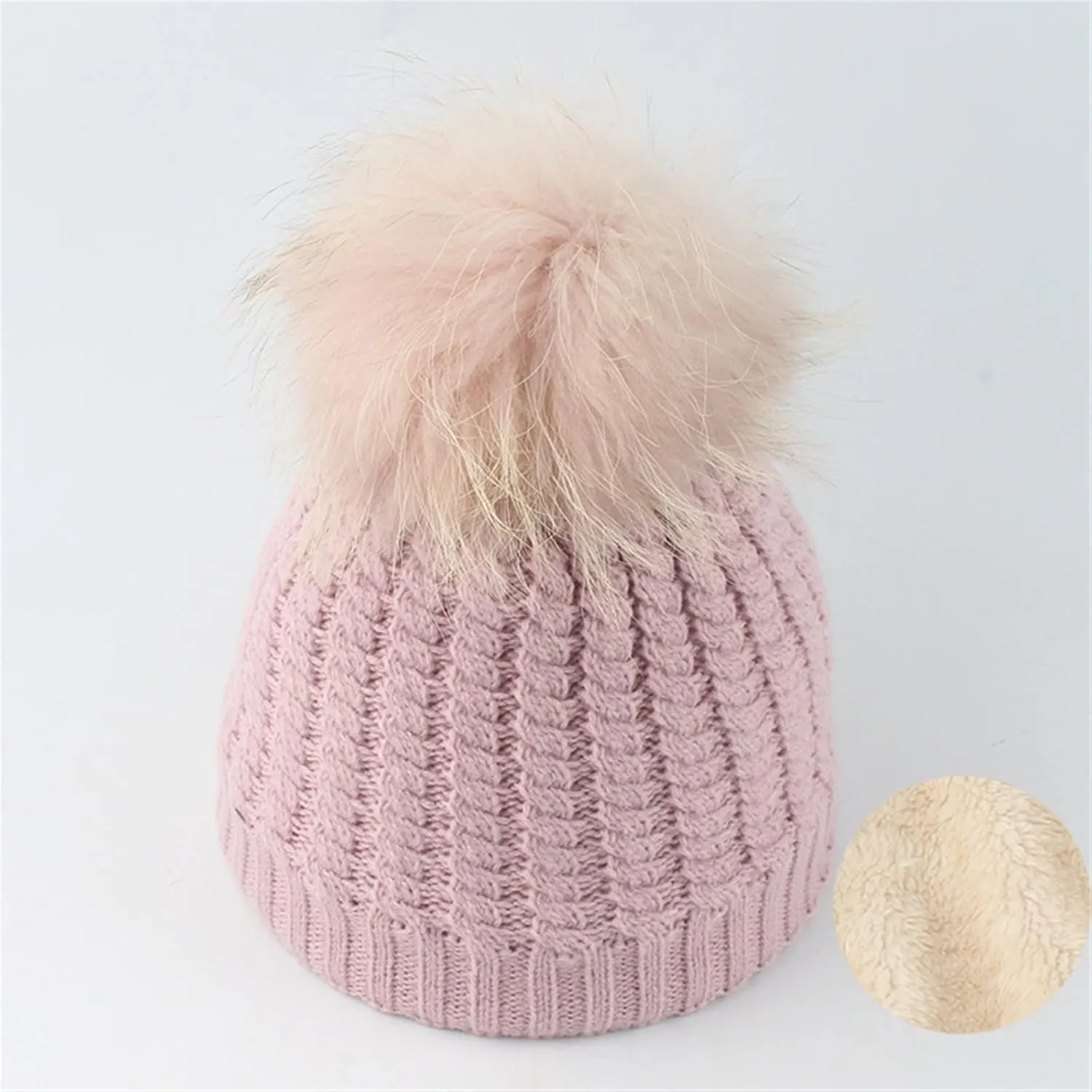 Winter Women Beanie Hat Cotton Lined Knit Fur Pom Skull Beanie Hat Snow Cuff Beanie Ski Cap