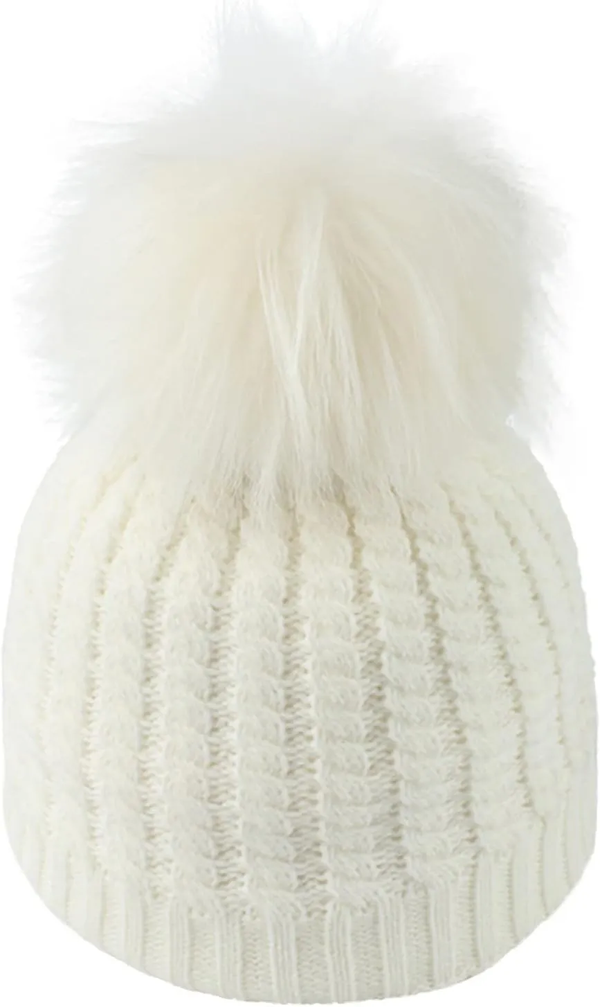 Winter Women Beanie Hat Cotton Lined Knit Fur Pom Skull Beanie Hat Snow Cuff Beanie Ski Cap