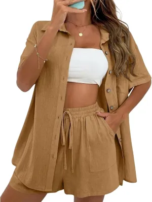 Women 2 Piece Outfit Summer Button Down Short Sleeve Lapel Top Elastic Waist Drawstring Shorts Set Casual Lounge Sets