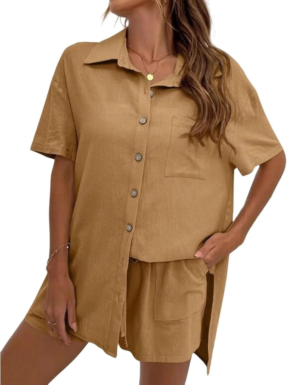 Women 2 Piece Outfit Summer Button Down Short Sleeve Lapel Top Elastic Waist Drawstring Shorts Set Casual Lounge Sets