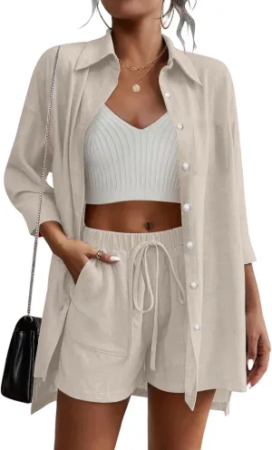 Women 2 Piece Outfits Sets Casual Summer Long Sleeve Button Down Lapel Shirt Drawstring Shorts with Pockets Tracksuit
