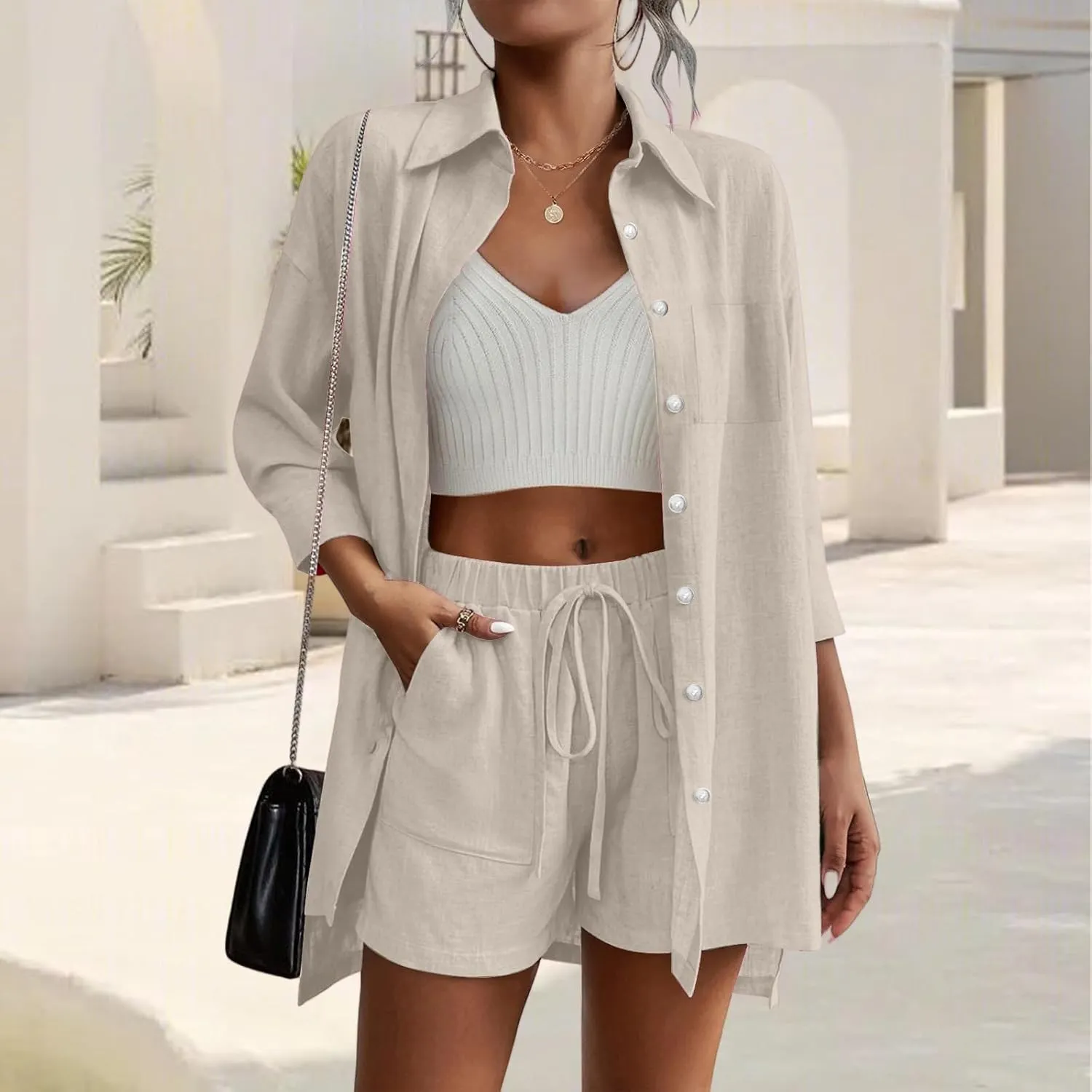 Women 2 Piece Outfits Sets Casual Summer Long Sleeve Button Down Lapel Shirt Drawstring Shorts with Pockets Tracksuit