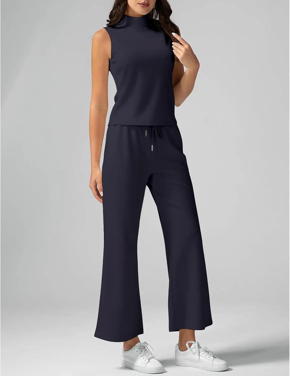 Women 2 Piece Set Sleeveless Turtleneck Tank Top Tracksuit Casual Drawstring Wide Leg Pants Matching Sweatsuit Outfit