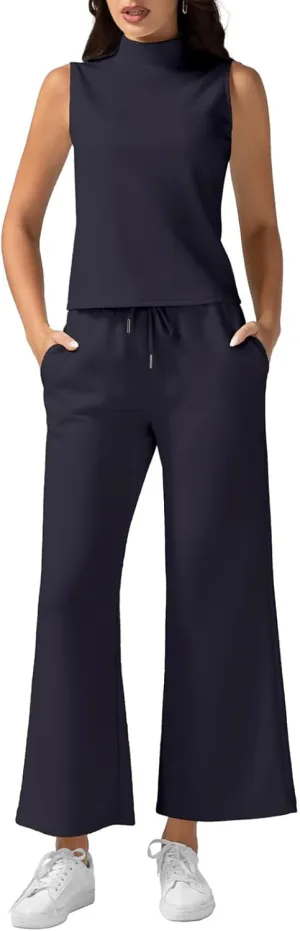 Women 2 Piece Set Sleeveless Turtleneck Tank Top Tracksuit Casual Drawstring Wide Leg Pants Matching Sweatsuit Outfit