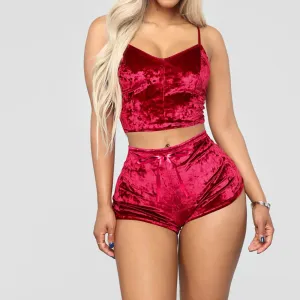 Women 2 Piece Set Velvet Sleepwear Sexy Spaghetti Strap Shorts Pajamas Suit Ladies Casual Party Set Pullover Elastic Waist Full