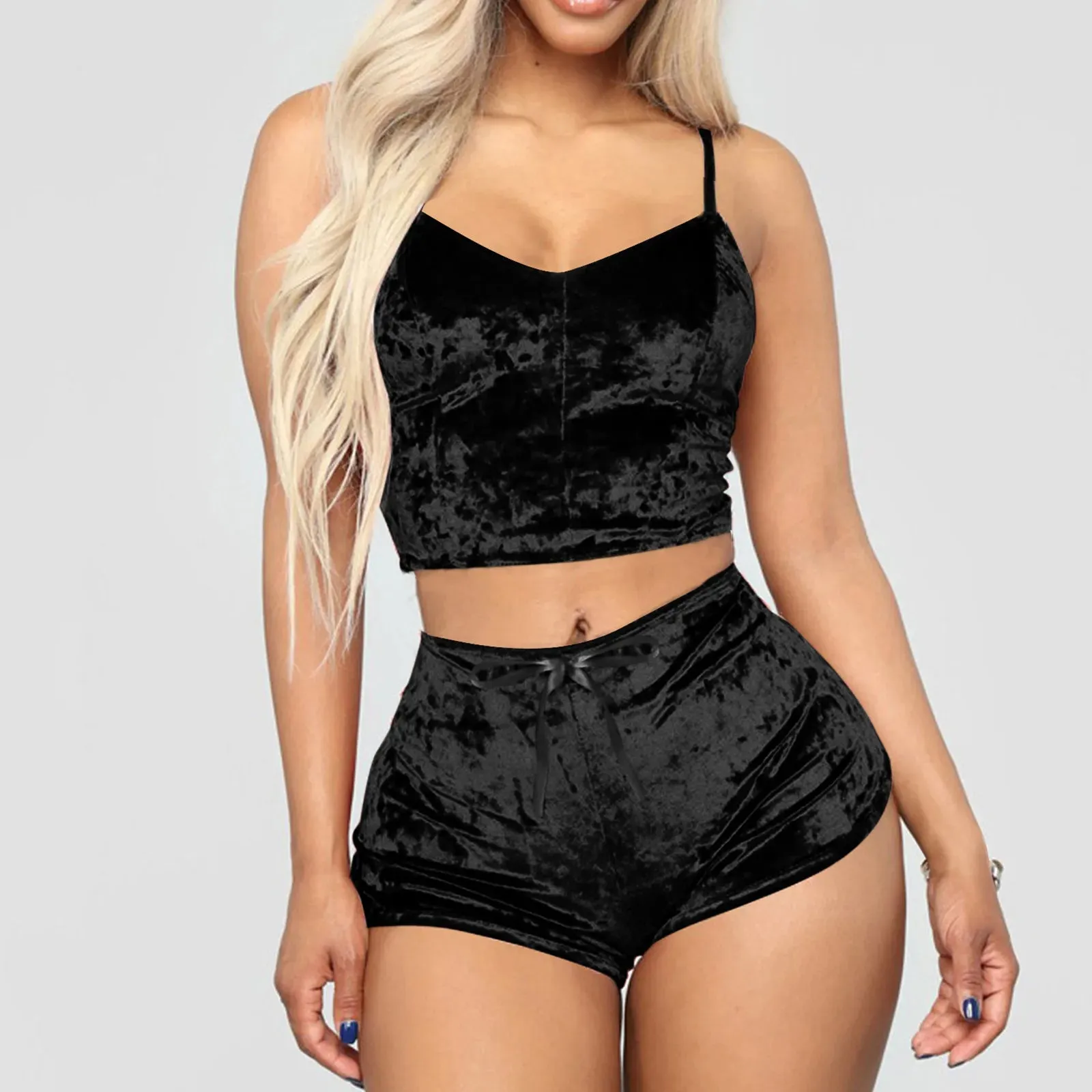 Women 2 Piece Set Velvet Sleepwear Sexy Spaghetti Strap Shorts Pajamas Suit Ladies Casual Party Set Pullover Elastic Waist Full