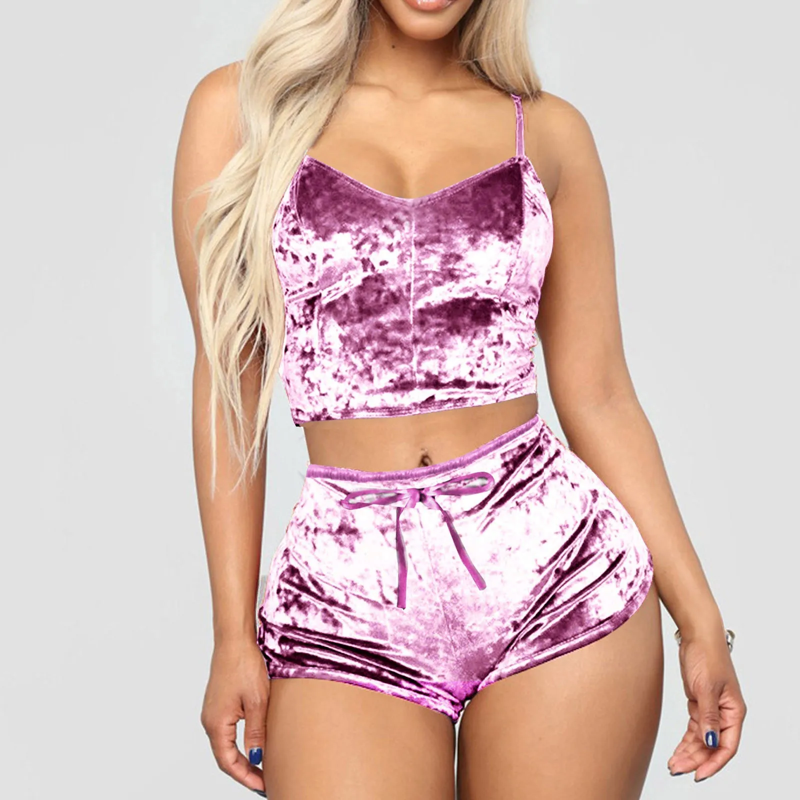 Women 2 Piece Set Velvet Sleepwear Sexy Spaghetti Strap Shorts Pajamas Suit Ladies Casual Party Set Pullover Elastic Waist Full
