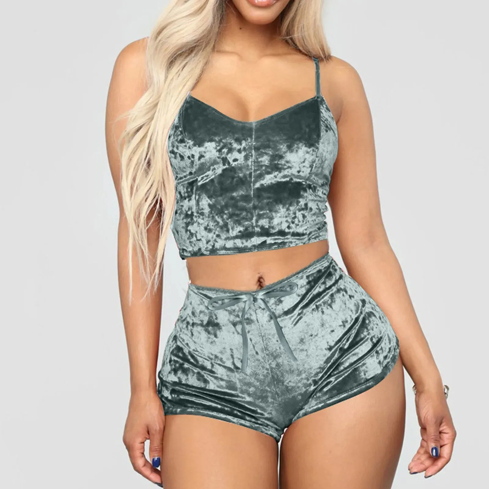 Women 2 Piece Set Velvet Sleepwear Sexy Spaghetti Strap Shorts Pajamas Suit Ladies Casual Party Set Pullover Elastic Waist Full