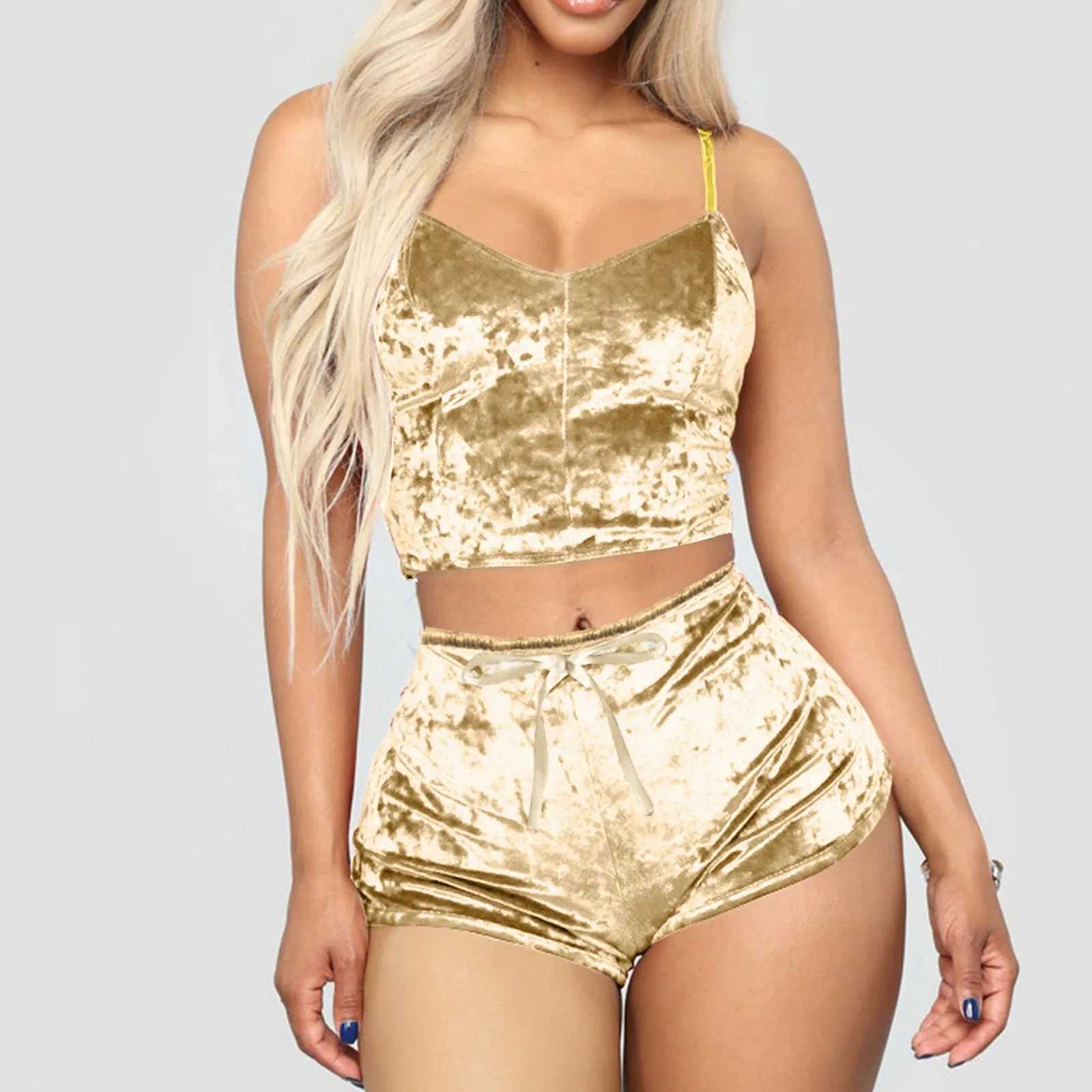 Women 2 Piece Set Velvet Sleepwear Sexy Spaghetti Strap Shorts Pajamas Suit Ladies Casual Party Set Pullover Elastic Waist Full