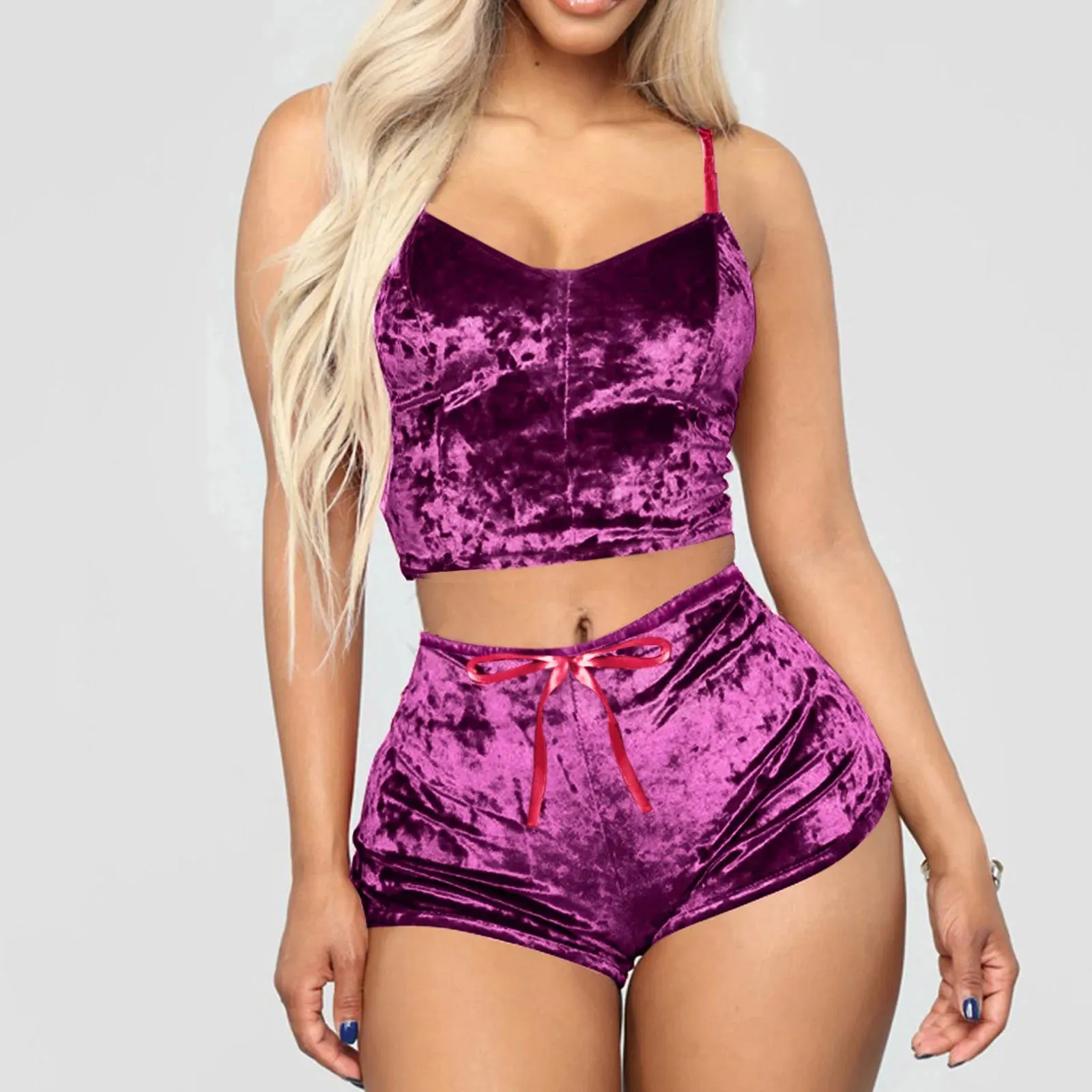 Women 2 Piece Set Velvet Sleepwear Sexy Spaghetti Strap Shorts Pajamas Suit Ladies Casual Party Set Pullover Elastic Waist Full