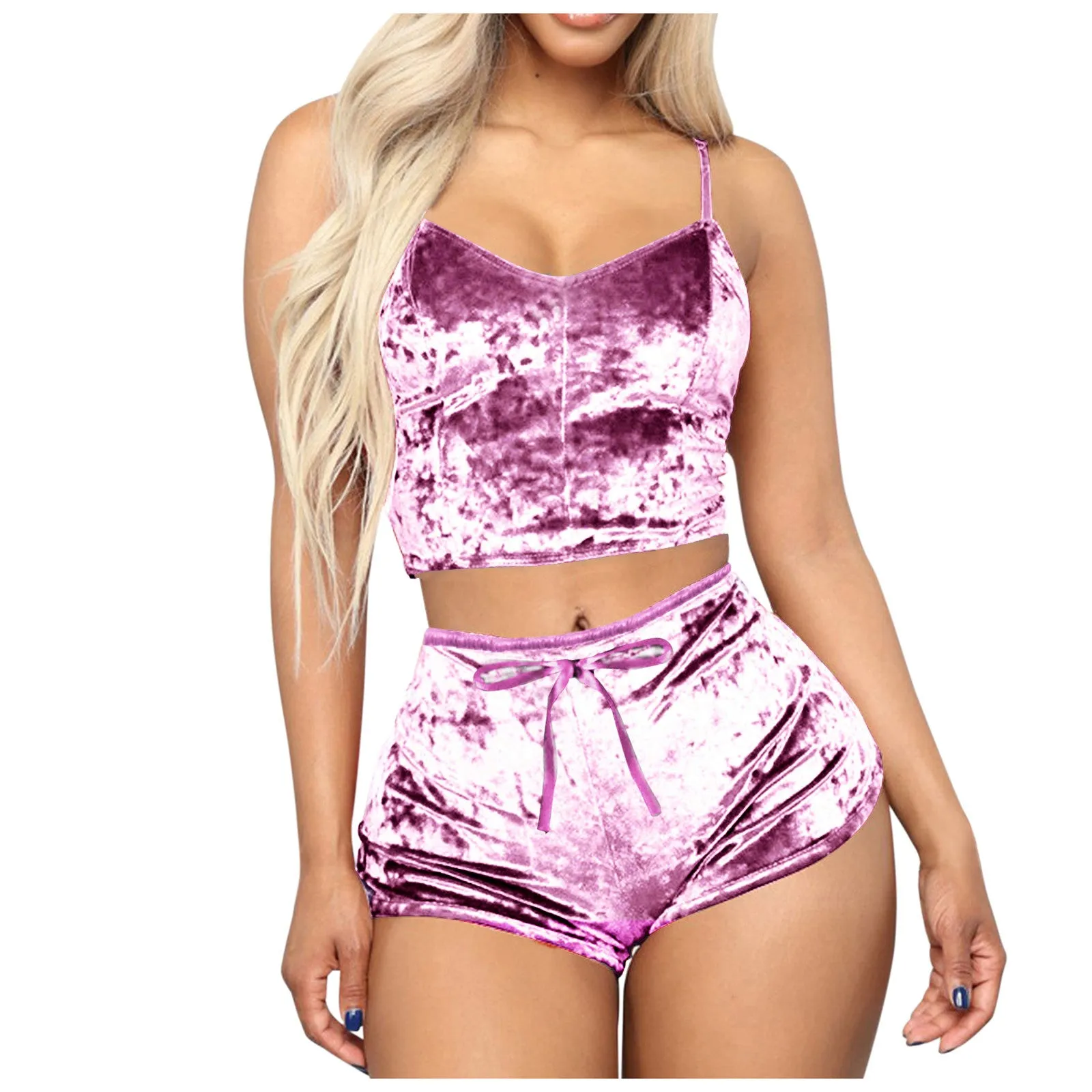 Women 2 Piece Set Velvet Sleepwear Sexy Spaghetti Strap Shorts Pajamas Suit Ladies Casual Party Set Pullover Elastic Waist Full