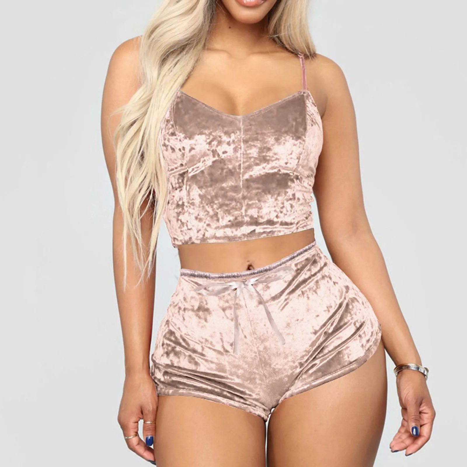 Women 2 Piece Set Velvet Sleepwear Sexy Spaghetti Strap Shorts Pajamas Suit Ladies Casual Party Set Pullover Elastic Waist Full