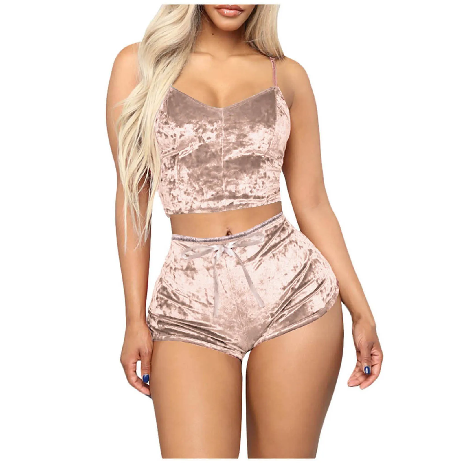 Women 2 Piece Set Velvet Sleepwear Sexy Spaghetti Strap Shorts Pajamas Suit Ladies Casual Party Set Pullover Elastic Waist Full