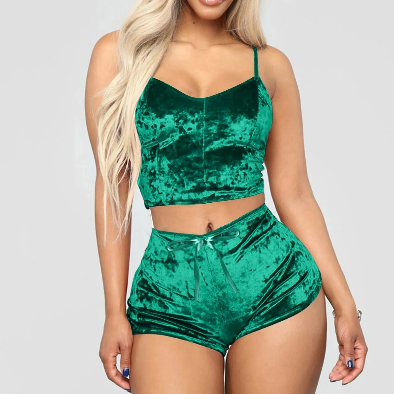 Women 2 Piece Set Velvet Sleepwear Sexy Spaghetti Strap Shorts Pajamas Suit Ladies Casual Party Set Pullover Elastic Waist Full