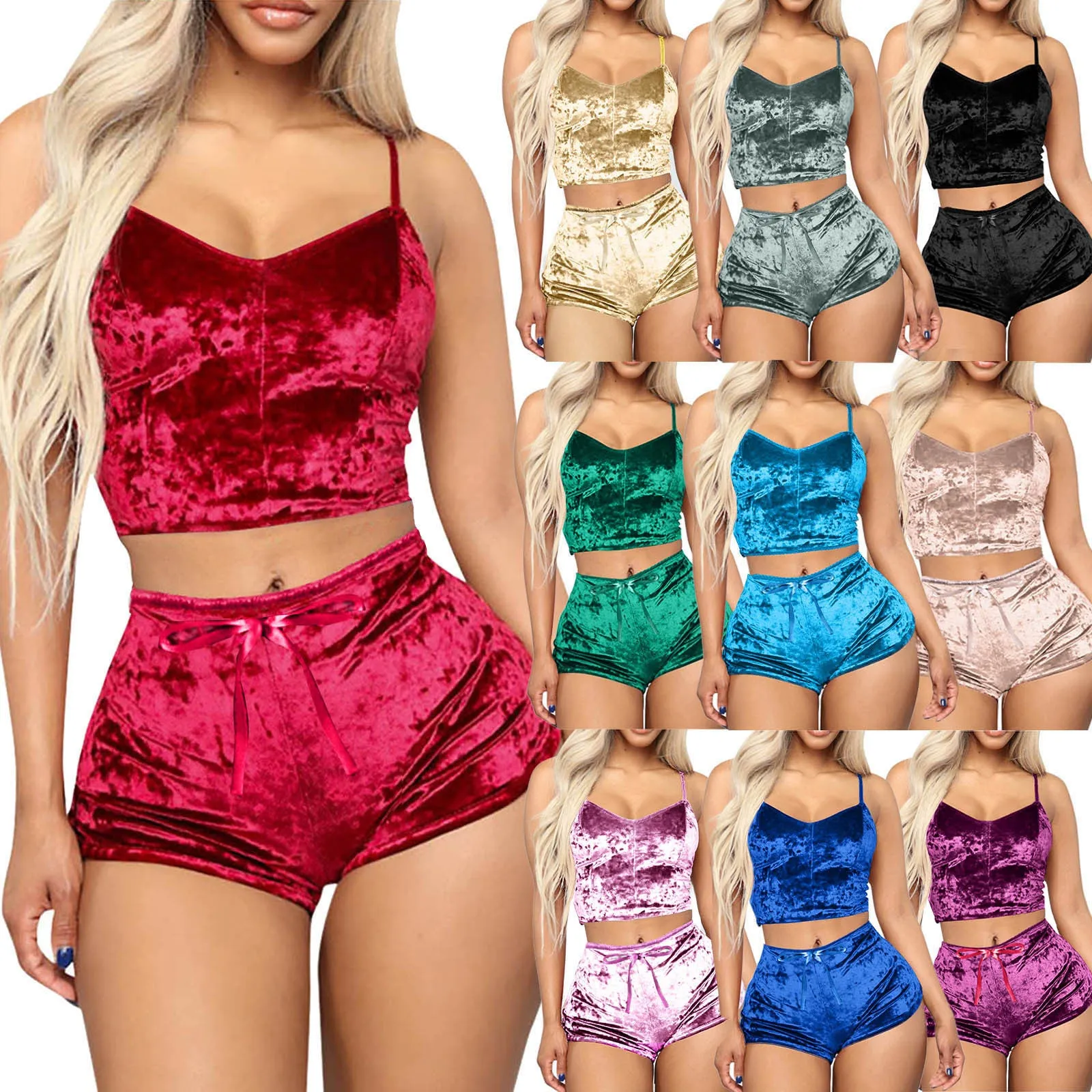Women 2 Piece Set Velvet Sleepwear Sexy Spaghetti Strap Shorts Pajamas Suit Ladies Casual Party Set Pullover Elastic Waist Full