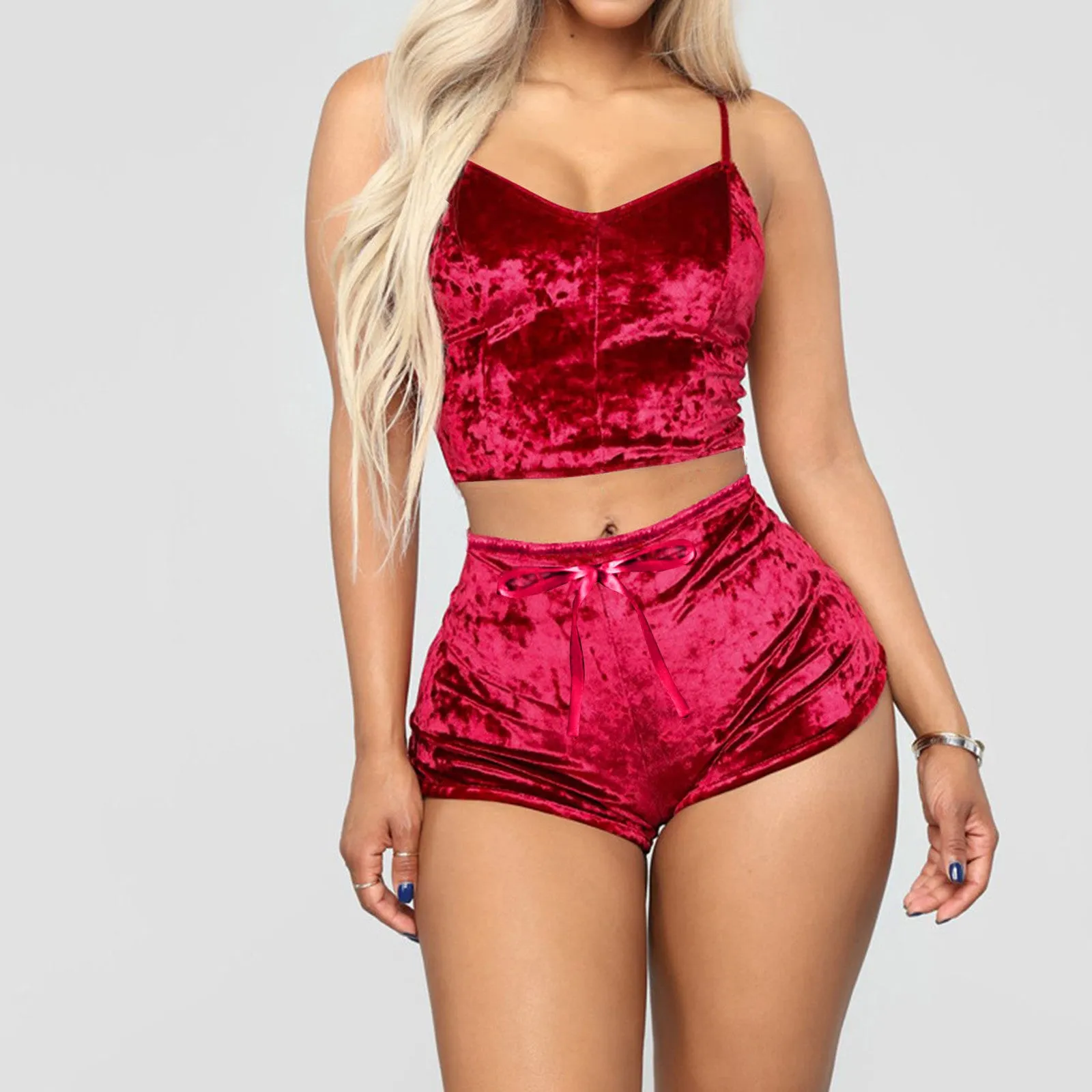 Women 2 Piece Set Velvet Sleepwear Sexy Spaghetti Strap Shorts Pajamas Suit Ladies Casual Party Set Pullover Elastic Waist Full