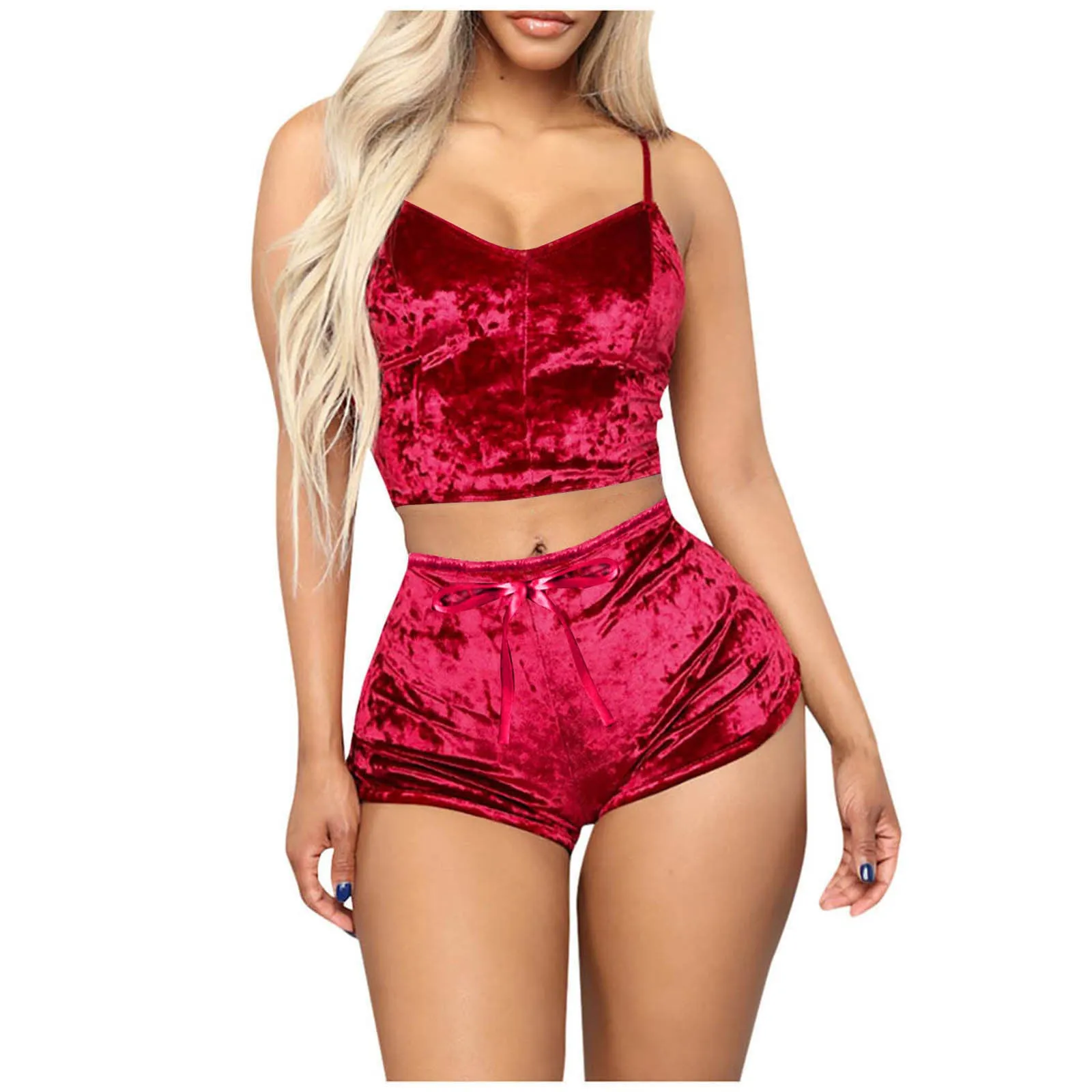 Women 2 Piece Set Velvet Sleepwear Sexy Spaghetti Strap Shorts Pajamas Suit Ladies Casual Party Set Pullover Elastic Waist Full