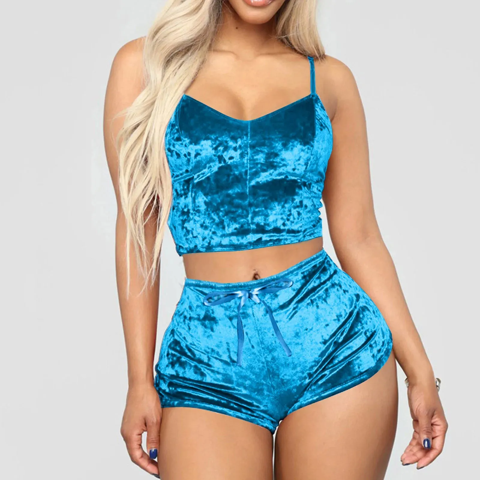 Women 2 Piece Set Velvet Sleepwear Sexy Spaghetti Strap Shorts Pajamas Suit Ladies Casual Party Set Pullover Elastic Waist Full
