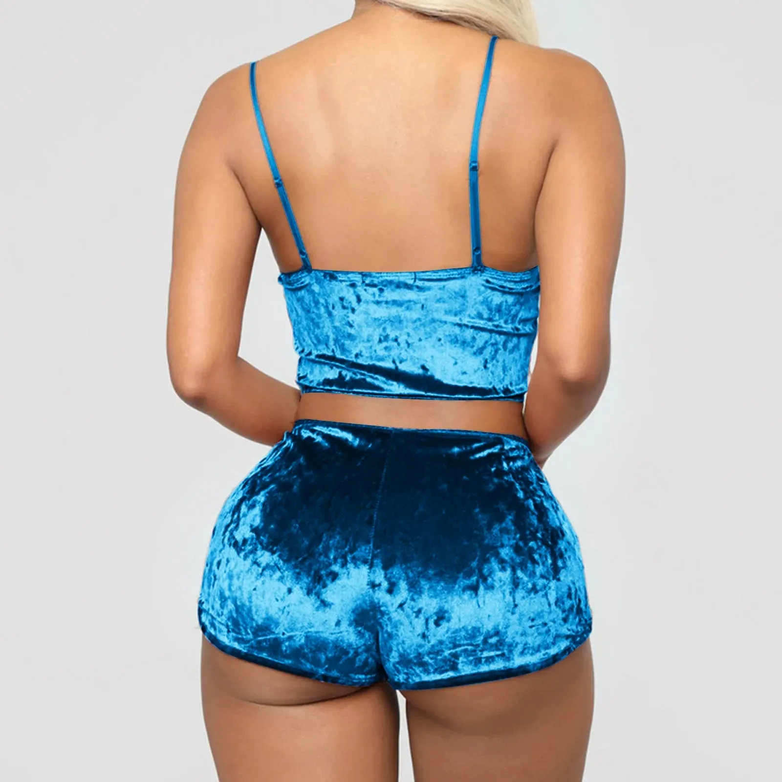 Women 2 Piece Set Velvet Sleepwear Sexy Spaghetti Strap Shorts Pajamas Suit Ladies Casual Party Set Pullover Elastic Waist Full