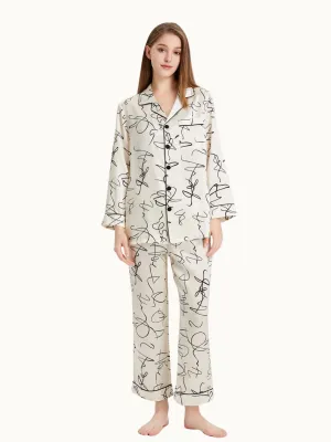 Women Artistic Graffiti Printed Silk Pajamas Set