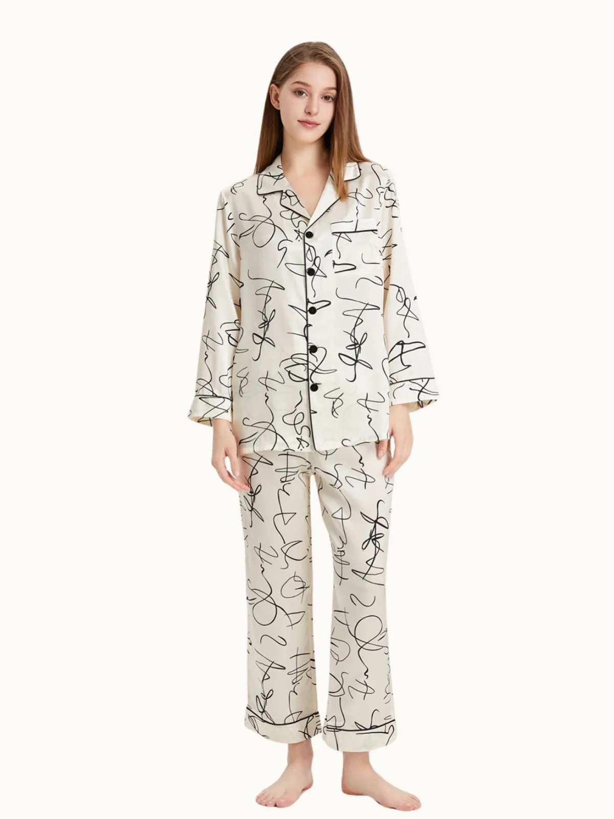 Women Artistic Graffiti Printed Silk Pajamas Set
