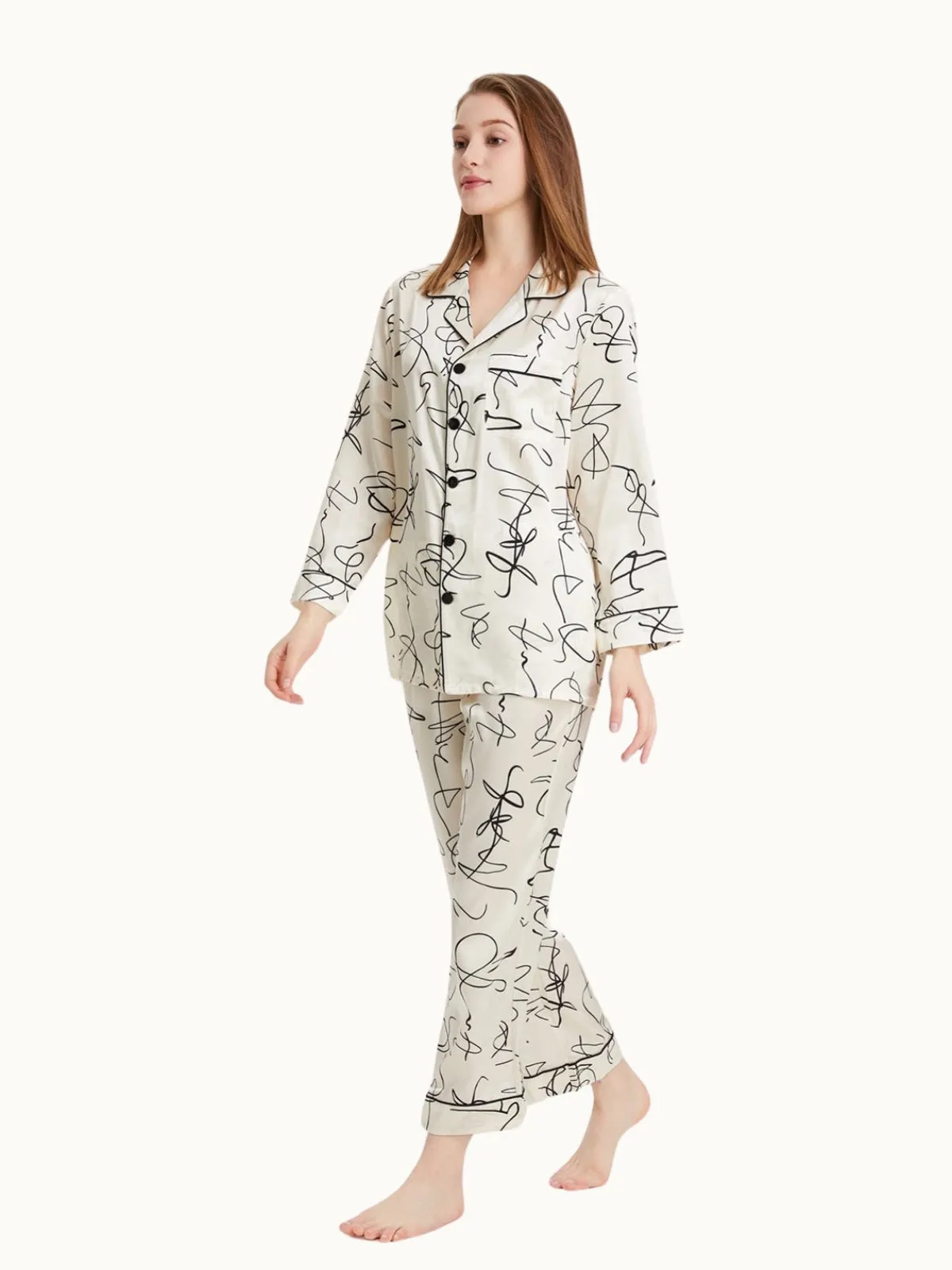 Women Artistic Graffiti Printed Silk Pajamas Set