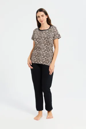Women Black And Beige Floral Print Pyjama Set (2 Piece)