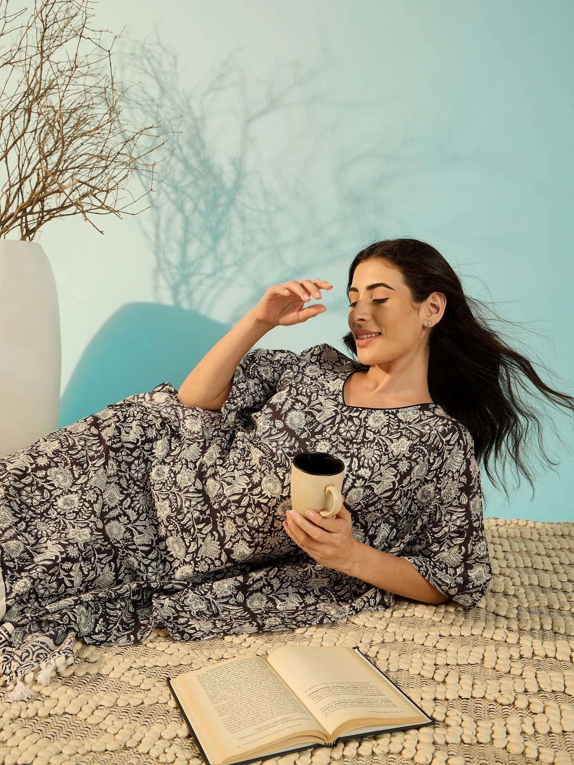 Women Black Floral Print Soft Cotton Kaftan Nightdress