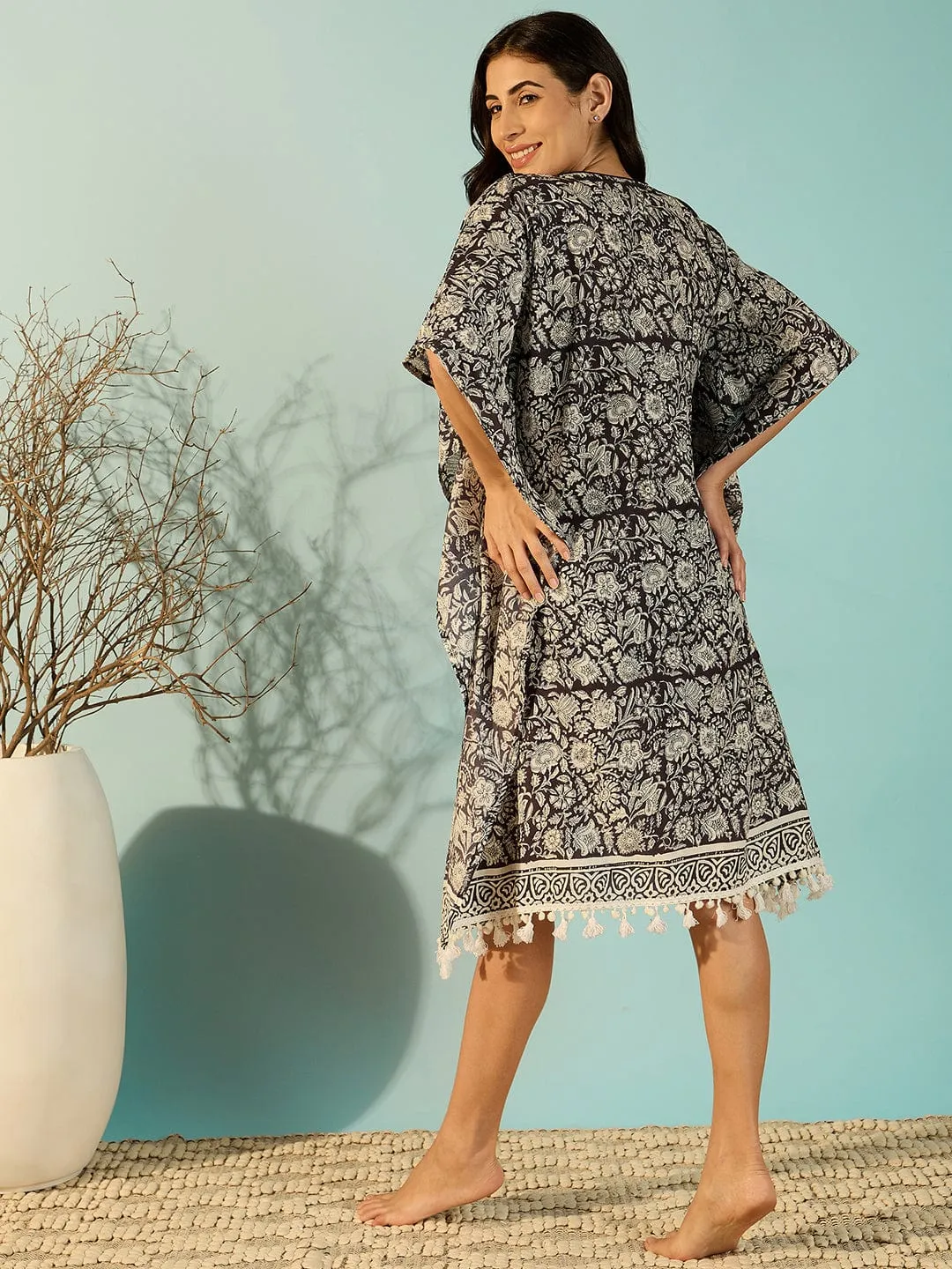 Women Black Floral Print Soft Cotton Kaftan Nightdress