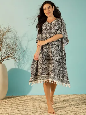 Women Black Floral Print Soft Cotton Kaftan Nightdress