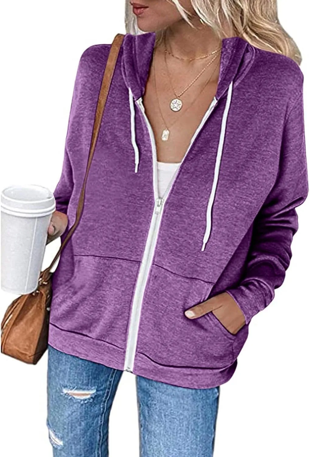 Women Casual Full Zip Up Drawstring Hoodie Comfy Loose Long Sleeve Sweatshirt Solid Color Jacket Coat Top with Pockets
