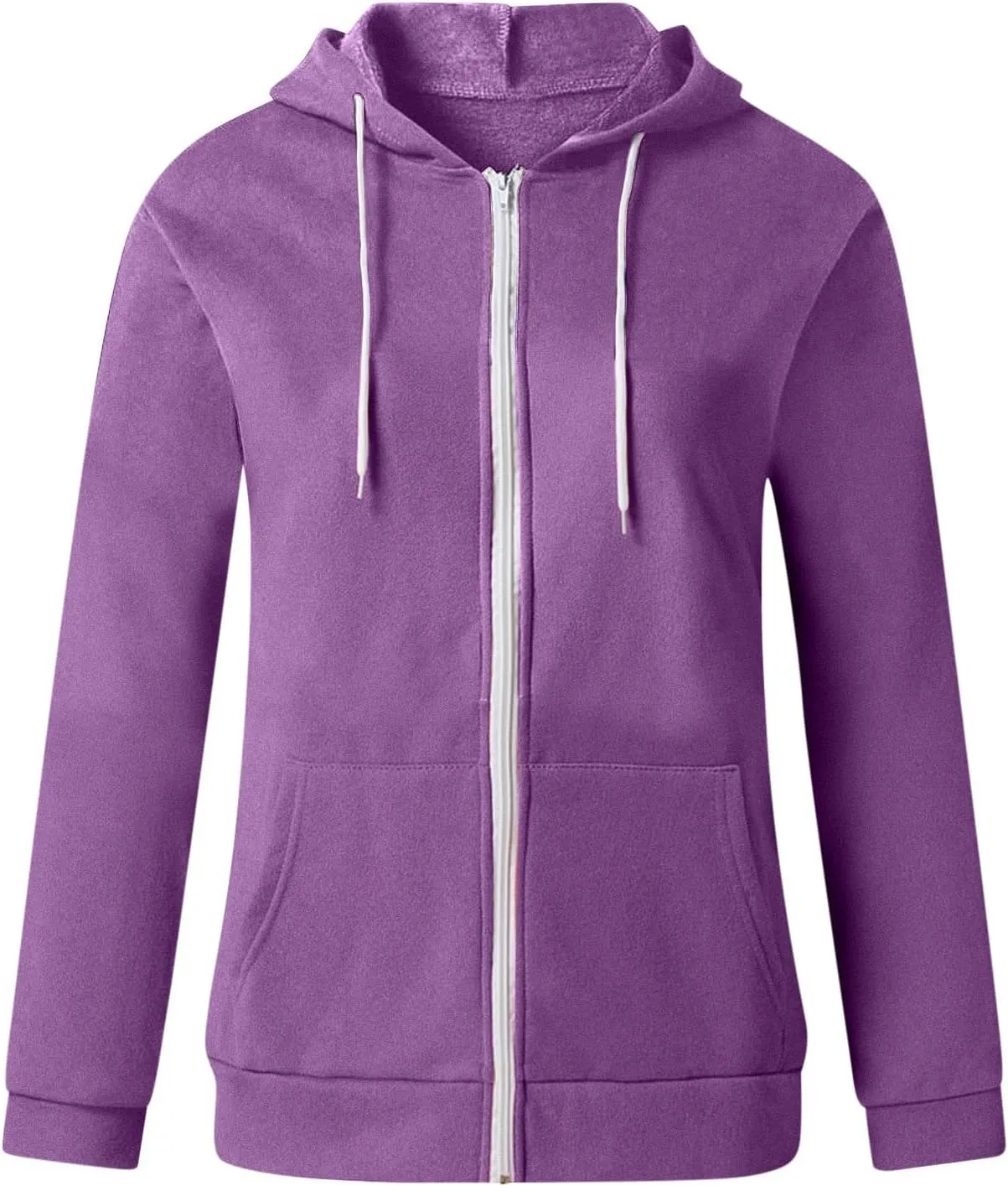 Women Casual Full Zip Up Drawstring Hoodie Comfy Loose Long Sleeve Sweatshirt Solid Color Jacket Coat Top with Pockets