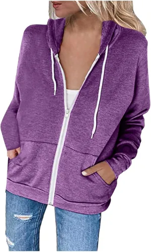 Women Casual Full Zip Up Drawstring Hoodie Comfy Loose Long Sleeve Sweatshirt Solid Color Jacket Coat Top with Pockets