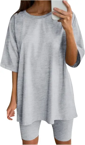 Women Cotton Lounge Sets Oversized Summer T Shirts and Biker Short Set 2 Piece Loungewear Matching Outfits