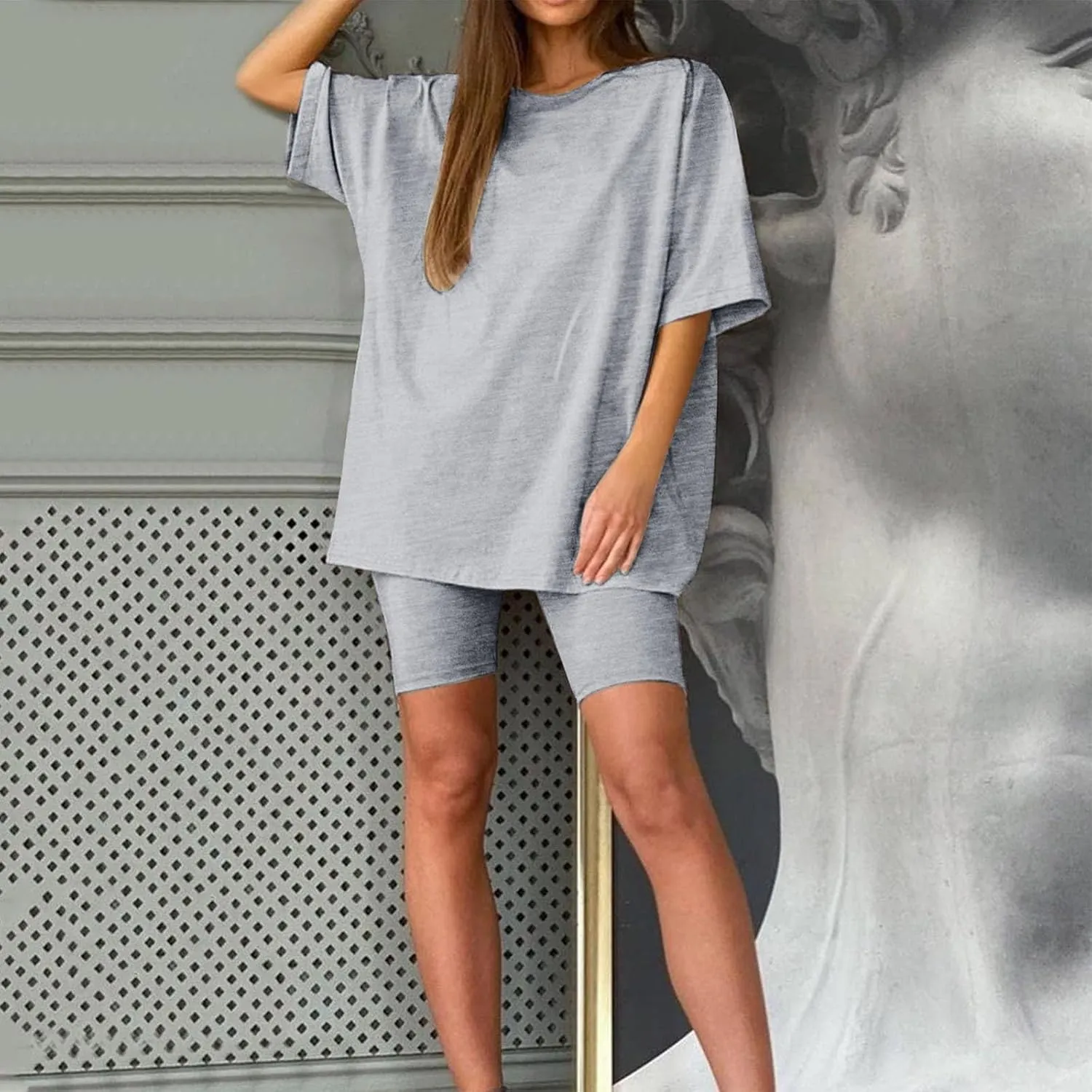 Women Cotton Lounge Sets Oversized Summer T Shirts and Biker Short Set 2 Piece Loungewear Matching Outfits