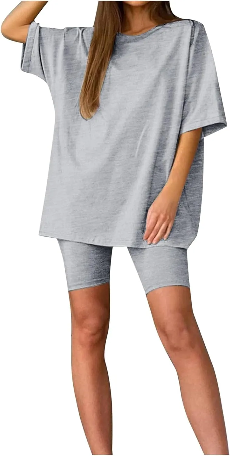 Women Cotton Lounge Sets Oversized Summer T Shirts and Biker Short Set 2 Piece Loungewear Matching Outfits