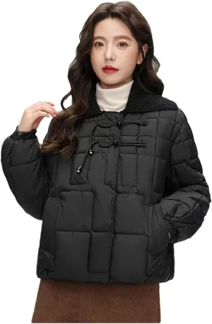 Women Down Cotton Coat Winter Warm Jacket Knitted Lapel Puffer Parkas Chic Korean Cotton Outwear