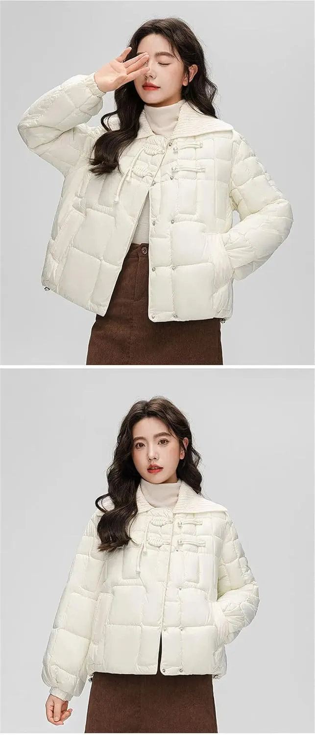 Women Down Cotton Coat Winter Warm Jacket Knitted Lapel Puffer Parkas Chic Korean Cotton Outwear