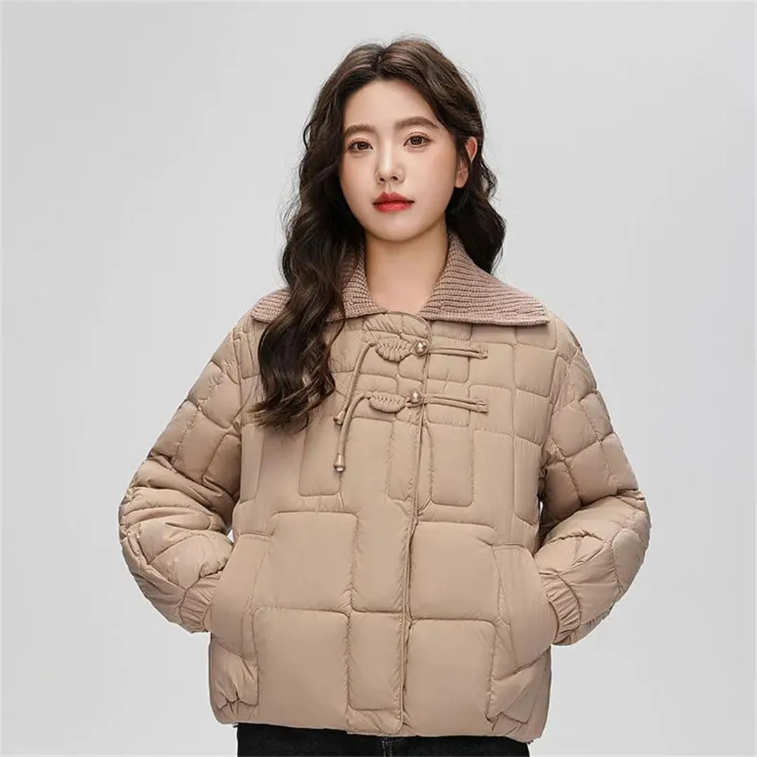 Women Down Cotton Coat Winter Warm Jacket Knitted Lapel Puffer Parkas Chic Korean Cotton Outwear